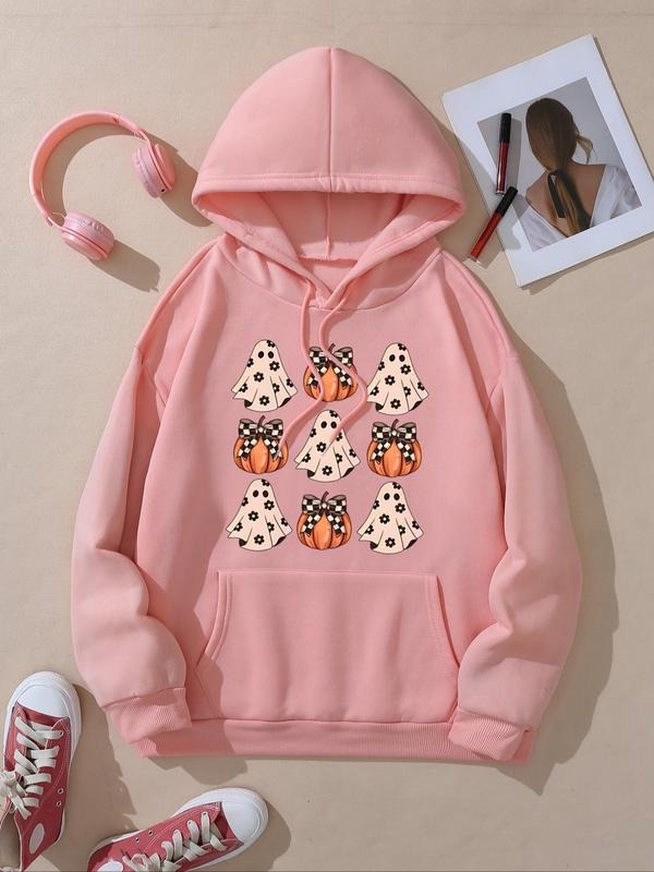 Women's Pumpkin Print Drop Shoulder Drawstring Hoodie, Halloween Themed Fashion Casual Kangaroo Pocket Hooded Sweatshirt...