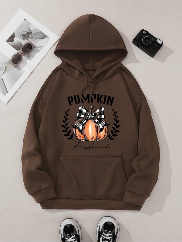 Women's Pumpkin Print Drop Shoulder Hoodie, Fashion Casual Drawstring Pocket Hooded Sweatshirt for Daily Holiday Outdoor...