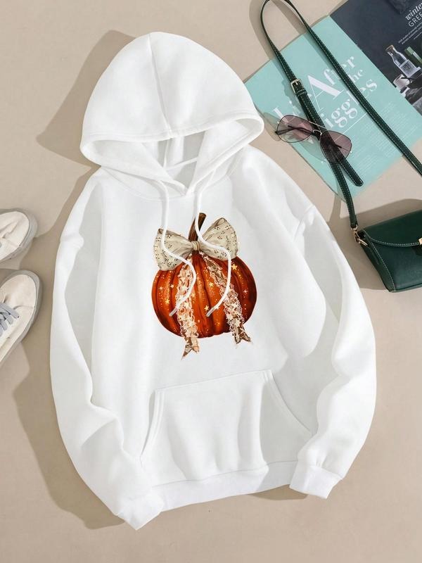 Women's Pumpkin Print Drop Shoulder Hoodie, Fashion Casual Drawstring Pocket Hooded Sweatshirt for Daily Holiday Outdoor...