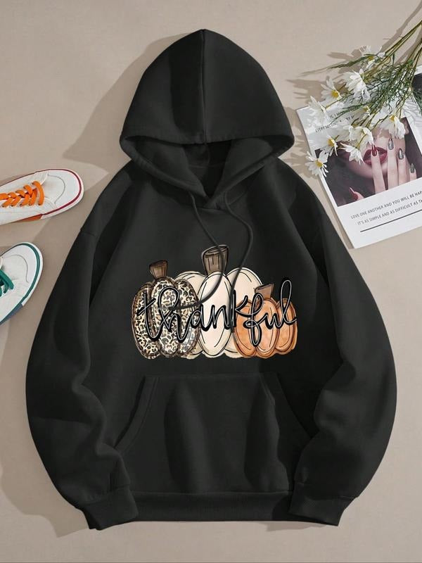 Women's Pumpkin Print Drop Shoulder Hoodie, Fashion Casual Drawstring Pocket Hooded Sweatshirt for Daily Holiday Outdoor...
