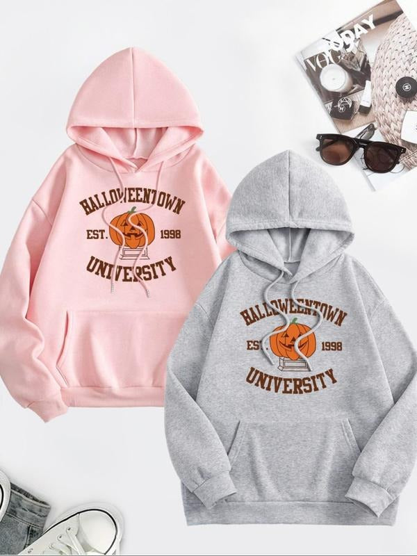 Women's Pumpkin Print Drop Shoulder Hoodie, Halloween Fashion Casual Letter Print Drawstring Kangaroo Pocket Hooded...
