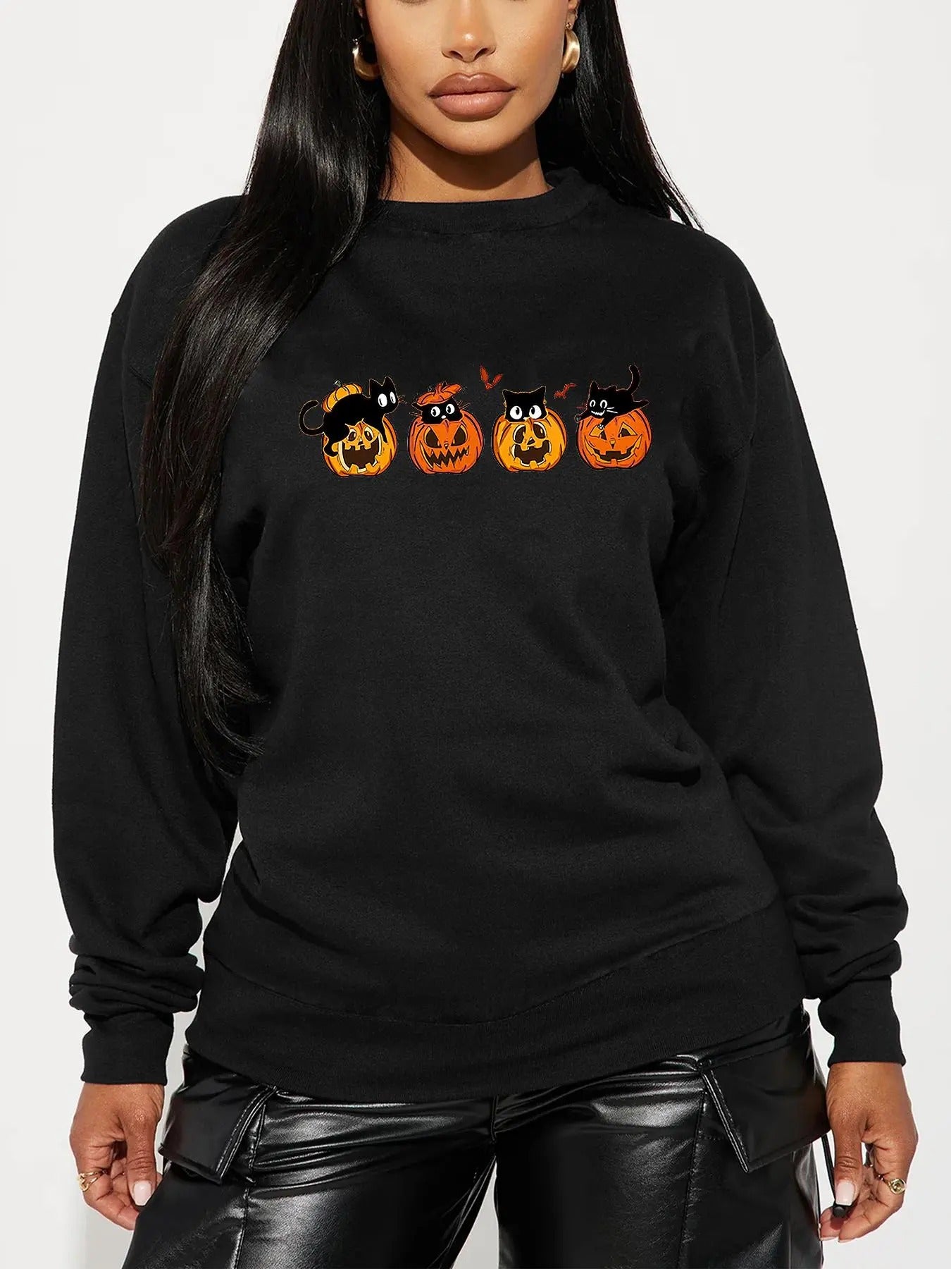 Women's Pumpkin Print Drop Shoulder Sweatshirt, Casual Long Sleeve Round Neck Pullover for Daily Wear, Ladies Clothes for...