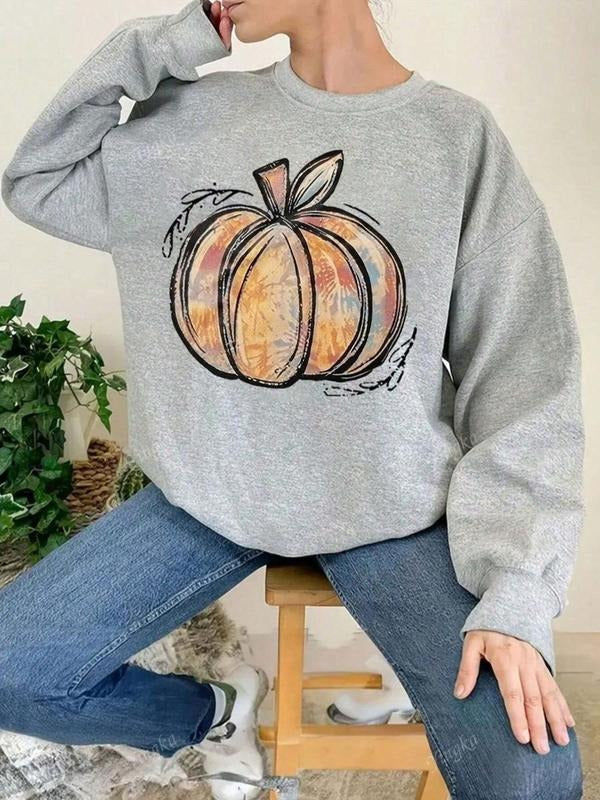 Women's Pumpkin Print Drop Shoulder Thermal Lined Sweatshirt, Casual Long Sleeve Round Neck Pullover for Daily Wear,...
