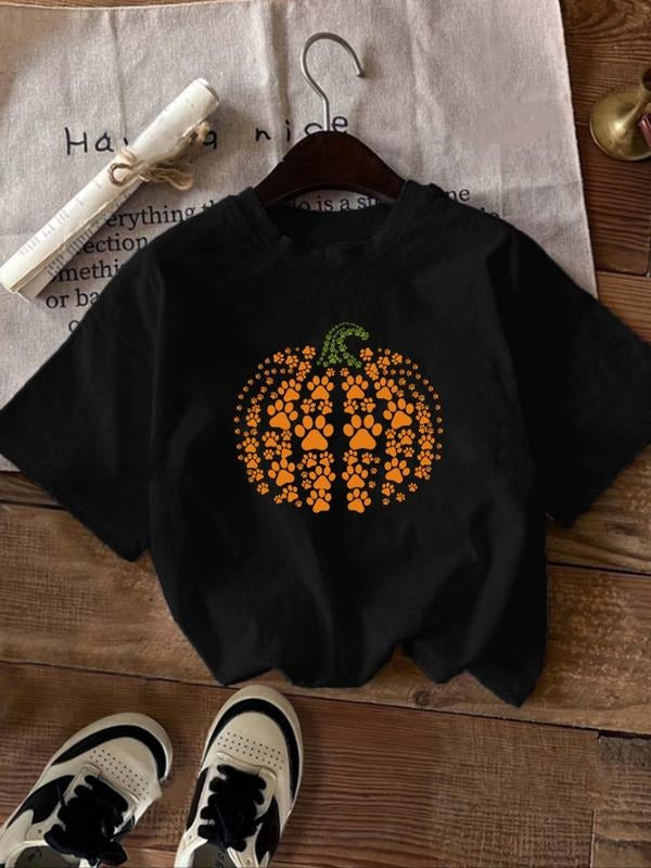 Women's Pumpkin Print Round Neck Tee, Casual Short Sleeve Crew Neck T-Shirt for Summer, Women's Top for Daily Wear...