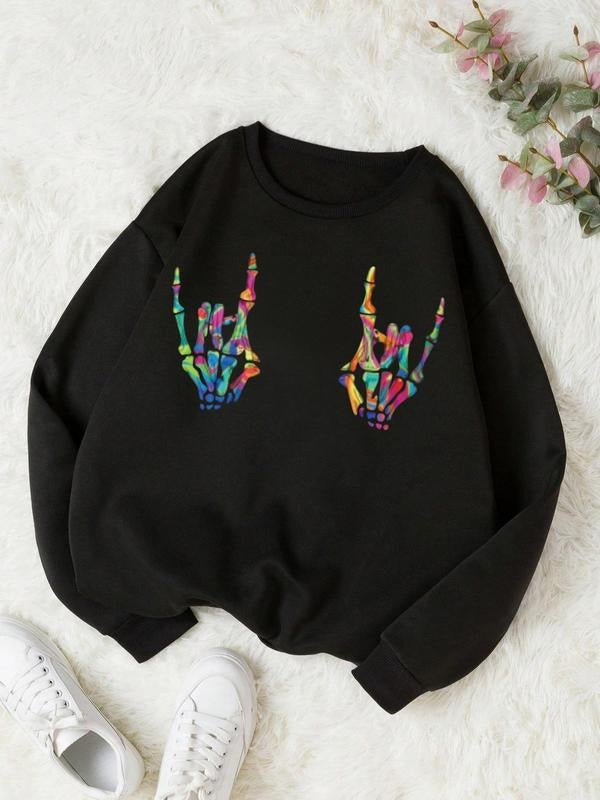 Women's Punk Graphic Round Neck Sweatshirt, Crew Neck Long Sleeve Pullover For Daily Outdoor Wear, Fashion Casual Women's...