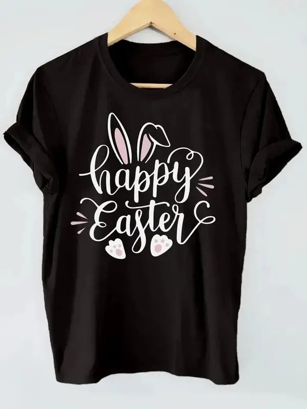 Women's Rabbit & Letter Print Round Neck Tee, Cute Short Sleeve Crew Neck T-Shirt for Summer, Fashion Casual Women's Top...