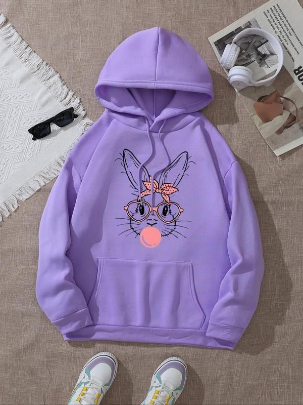 Women's Rabbit Print Drop Shoulder Hoodie, Fashion Casual Drawstring Pocket Hooded Sweatshirt for Daily Holiday Outdoor...