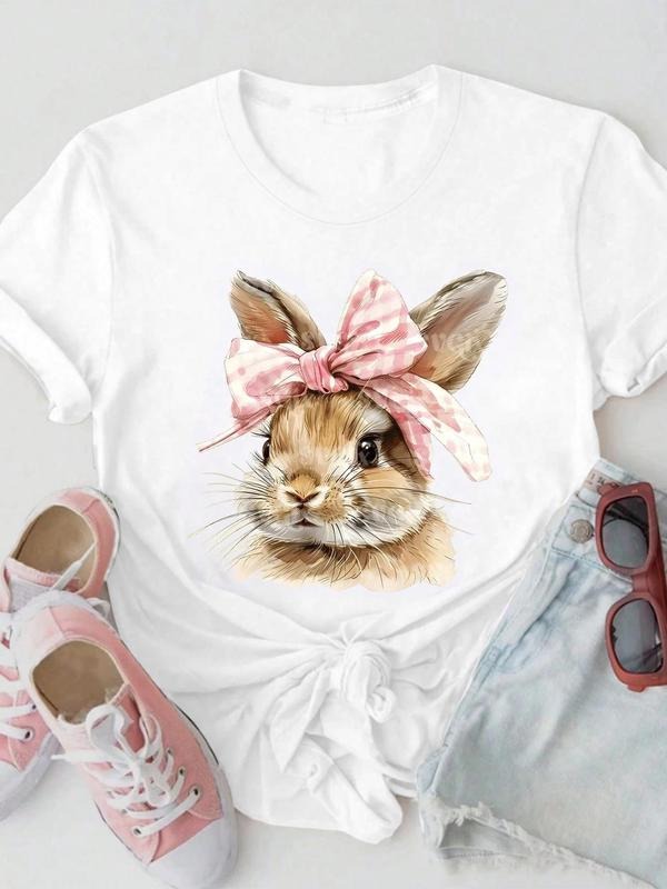 Women's Rabbit Print Round Neck Tee, Fashion Casual Crew Neck T-Shirt for Daily Holiday Vacation Outdoor Wear, Ladies...