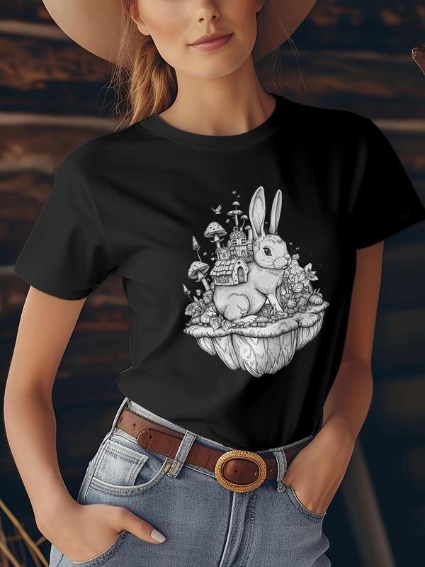 Women's Rabbit Print Round Neck Tee, Vintage Trendy Casual Short Sleeve T-shirt for Daily Wear, Ladies All Seasons Outfit...