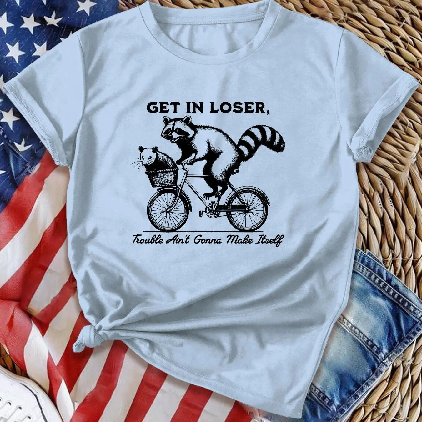 Women's Raccoon & Bicycle Print Round Neck Tee, Fashion Casual Short Sleeve T-shirt for Daily Wear, Ladies Summer Clothes...