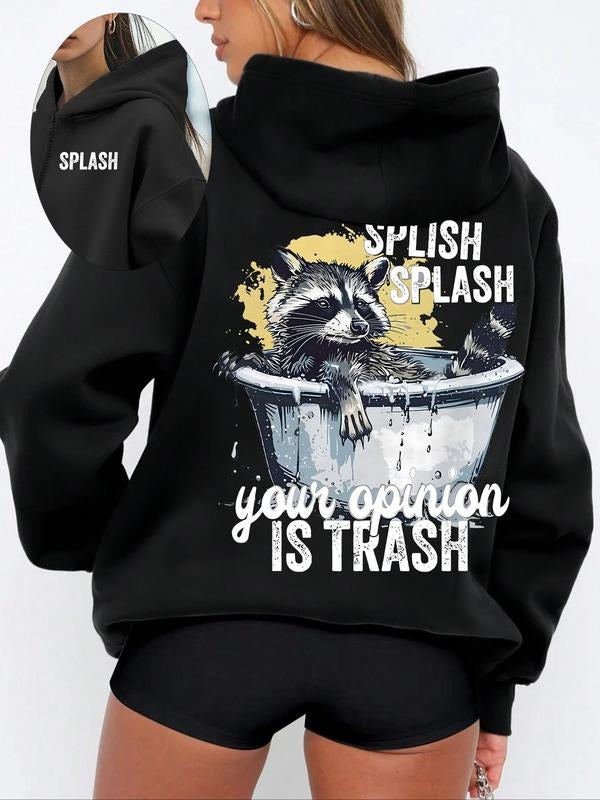 Women's Raccoon & Letter Print Drop Shoulder Hoodie, Fashion Casual Hooded Sweatshirt for Daily Holiday Outdoor Wear,...
