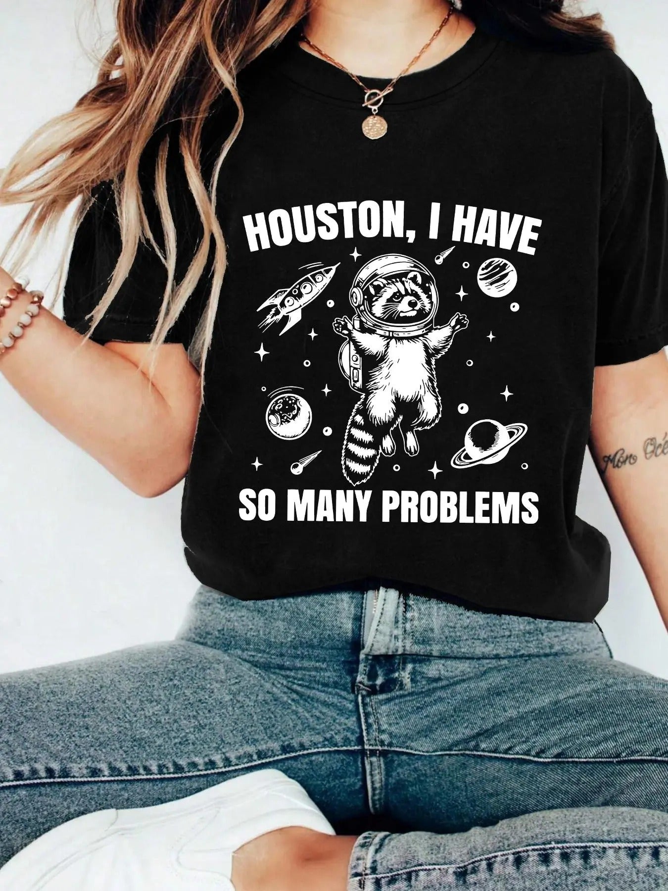 Raccoon & Letter Print Round Neck Vintage Casual Short Sleeve Daily Spring & Fall T-Shirts, Hoodie, Sweatshirt
