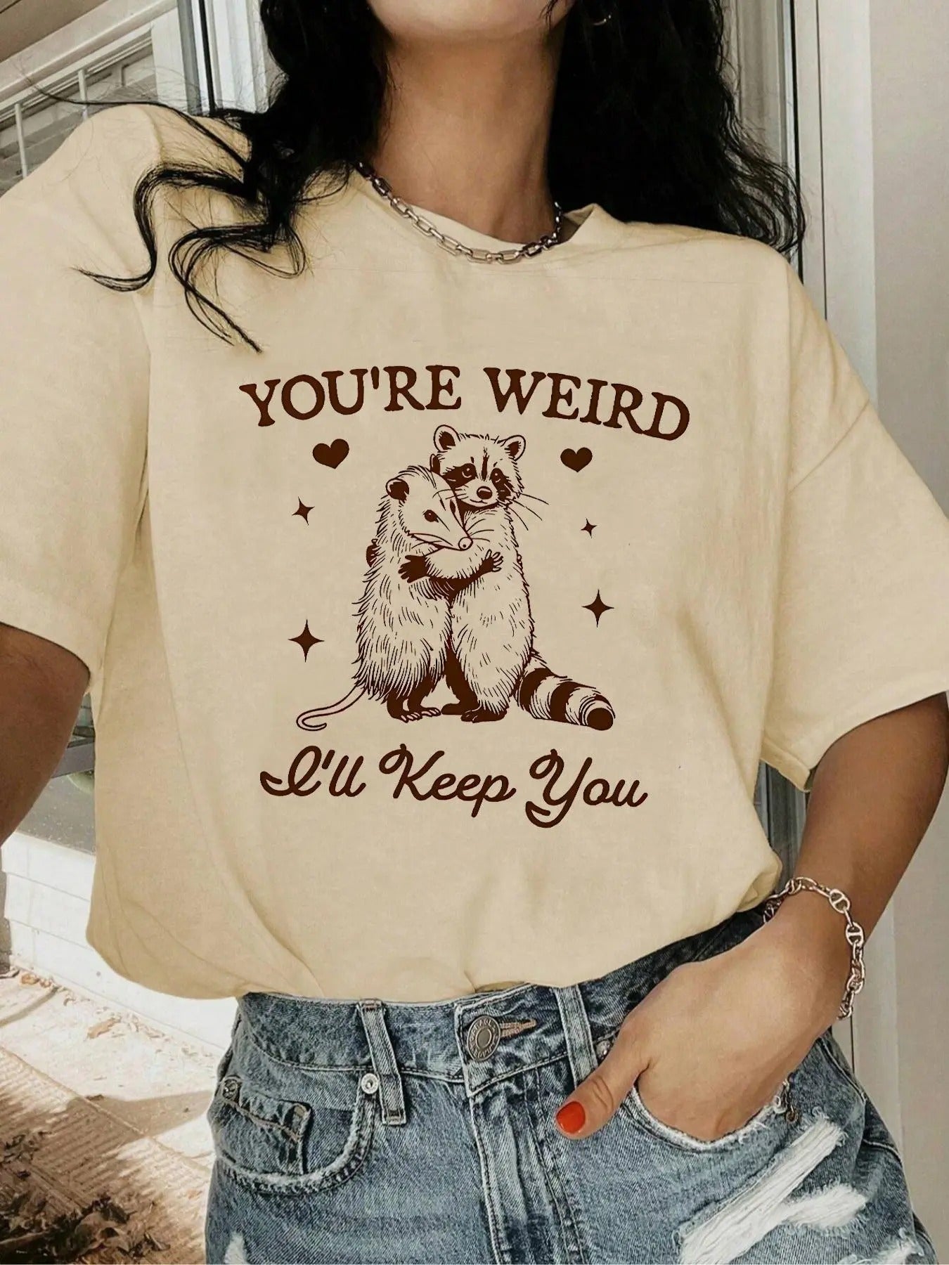 Women's Raccoon & Letter Print Round Neck Tee, Fashion Casual Crew Neck T-shirt for Daily Holiday Vacation Outdoor Wear,...