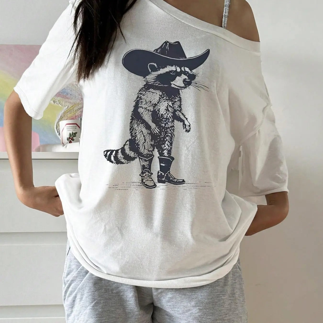 Women's Raccoon Print Asymmetrical Neck Tee, Casual Drop Shoulder Short Sleeve T-Shirt for Daily Wear, Ladies Clothes for...