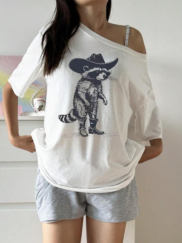 Women's Raccoon Print Tee, Casual Half Sleeve T-shirt for Daily Wear, Ladies Clothes for All Seasons Hoodie, Sweatshirt