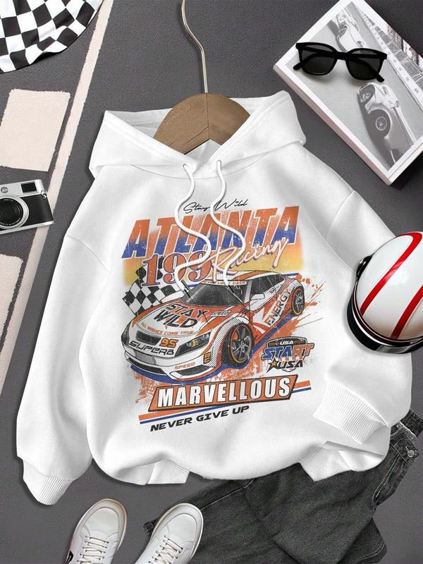 Women's Race Car & Letter Print Hoodie, Casual Graphic Hooded Sweatshirt for Daily Holiday Outdoor Wear, Ladies Clothes...