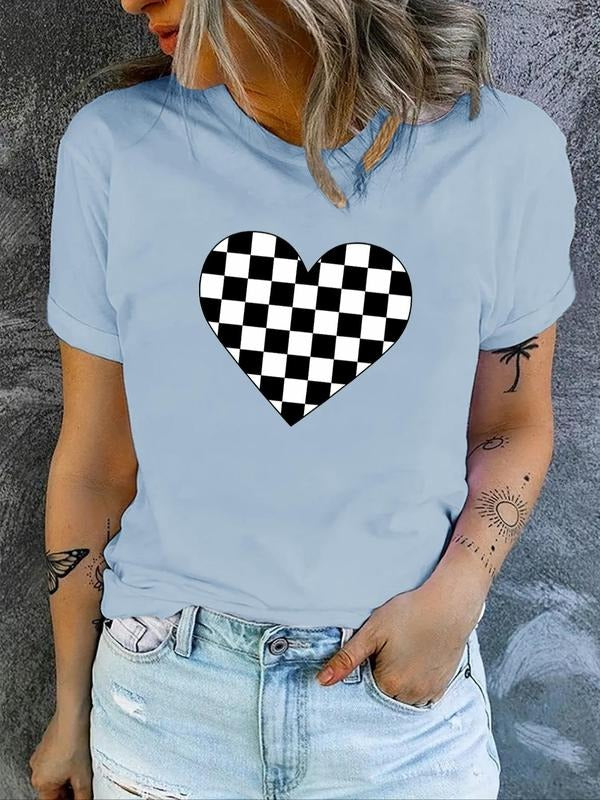 Women's Race Car & Letter Print Round Neck Tee, Casual Checked Heart Graphic Short Sleeve T-Shirt for Summer, Women's Top...