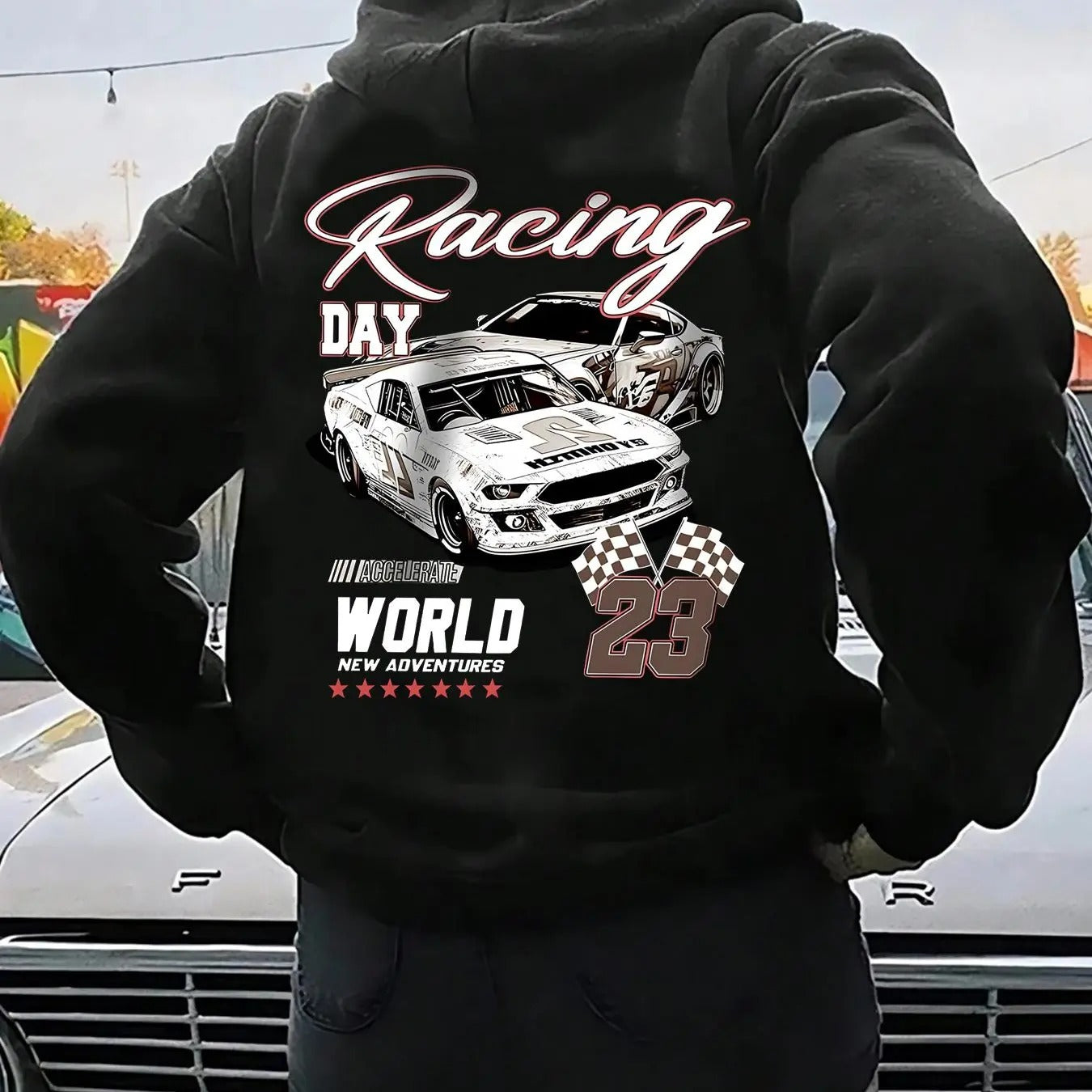 Women's Racing Car & Letter Print Drop Shoulder Hoodie, Fashion Casual Drawstring Pocket Hooded Sweatshirt for Daily...