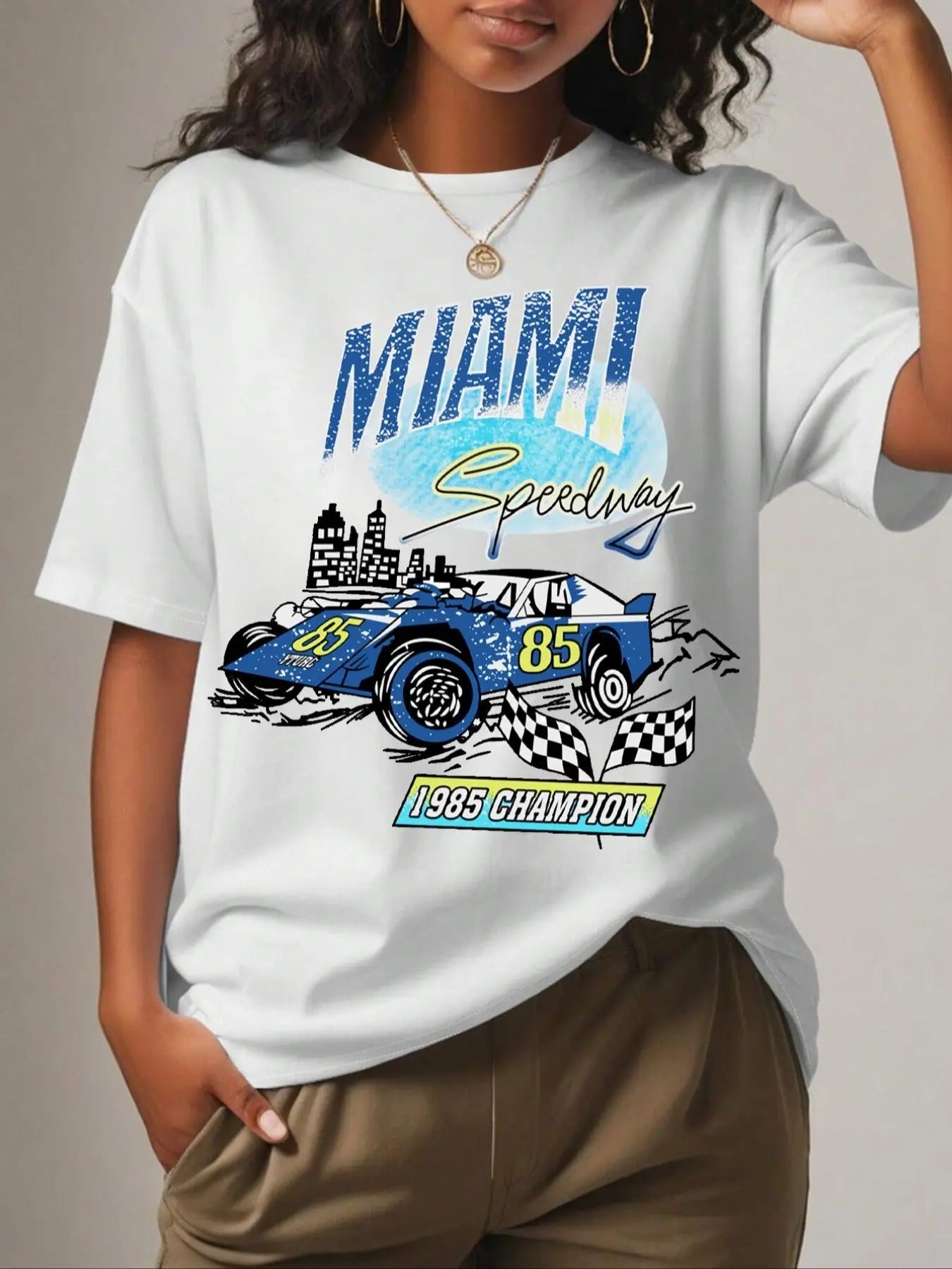 Women's Racing Car & Letter Print Round Neck Tee, Street Fashion Casual Drop Shoulder Short Sleeve T-Shirt for Daily...