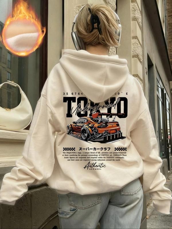 Women's Racing Letter Print Ribbed Hoodie, Casual Long Sleeve Drawstring Sweatshirt, Loose Fit Pockets Design, Fall &...