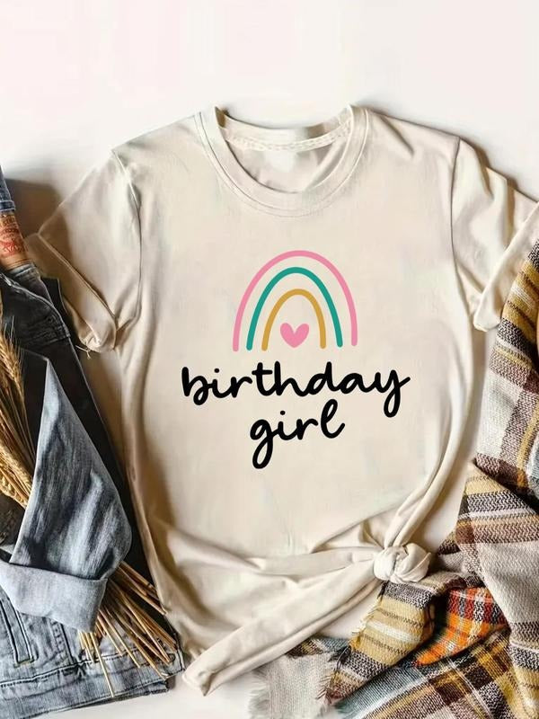 Women's Rainbow & Letter Print Round Neck Tee, Casual Short Sleeve Crew Neck T-shirt for Daily Wear, Ladies Clothes for...