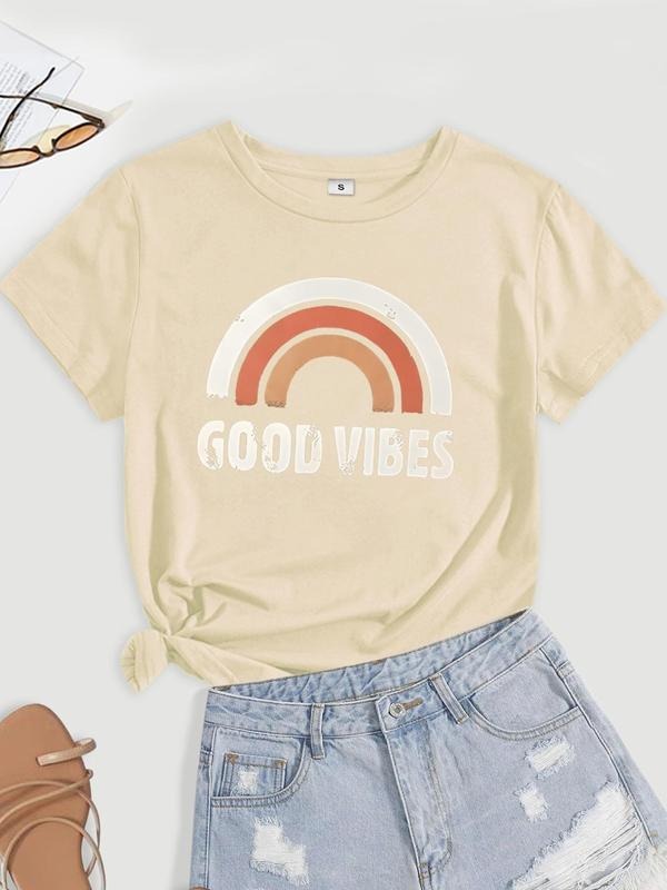 Women's Rainbow Graphic Print Round Neck Regular Sleeve Tee, Summer Clothes Women Letter Print Short Sleeve T-shirt,...