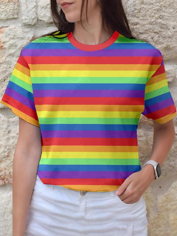 Women's Rainbow Stripe Print Round Neck Tee, Fashion Casual Crew Neck T-shirt for Daily Holiday Vacation Outdoor Wear,...