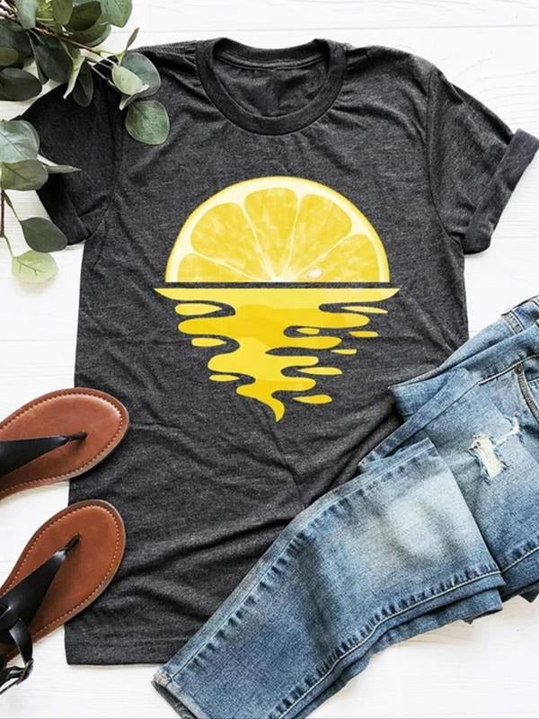 Women's Random Lemon Print Round Neck Tee, Casual Short Sleeve Crew Neck T-Shirt for Summer, Fashion Women's Top for...