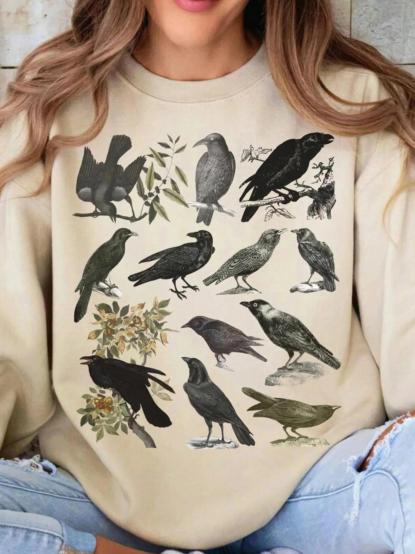 Women's Raven Print Crew Neck Sweatshirt, Casual Long Sleeve Pullover for Spring & Fall, Fashion Women's Top for Daily...