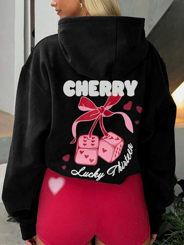 Women's Regular Fit Black Hoodie Sweatshirt with CHERRY Back Print, Lucky Thirteen Dice and Bow Design, Cute Streetwear...