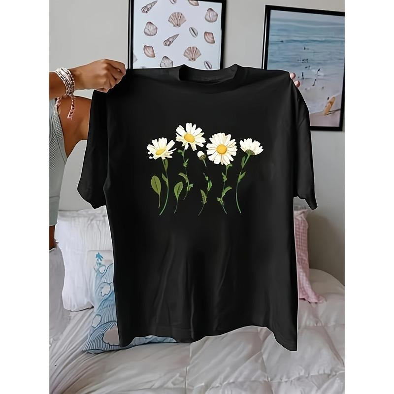 Women's Retro Floral Print T-Shirt - 100% Cotton Relaxed Fit Short Sleeve Round Neck Top, Breathable Casual Tee for...