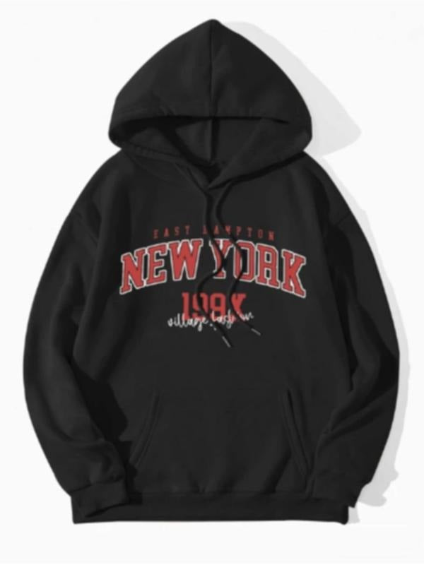 Women's Retro Letter Print Pocket Drawstring Hoodie, Fashion Casual Drop Shoulder Long Sleeve Hooded Sweatshirt for Daily...