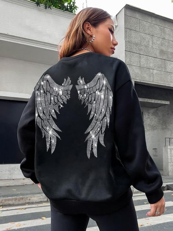 Women's Rhinestones Decor Wings Print Round Neck Sweatshirt, Casual Fashion Drop Shoulder Long Sleeve Pullover for Daily...