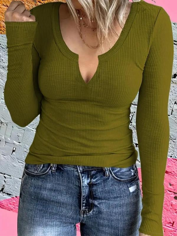 Women's Ribbed V-Neck Casual T-Shirt, Stylish Ladies' Top for Everyday Wear, Comfortable and Trendy Design, Perfect for...