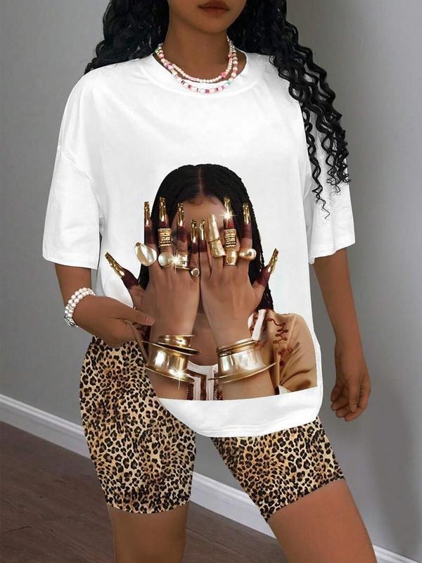 Women's Ring & Hand Print Round Neck Tee, Fashion Casual Crew Neck T-Shirt for Daily Holiday Vacation Outdoor Wear,...