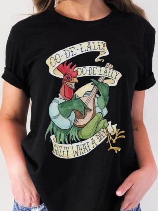Women's Rooster & Guitar Print Round Neck Tee, Vintage Trendy Casual Short Sleeve T-shirt for Daily Wear, Ladies Summer,...