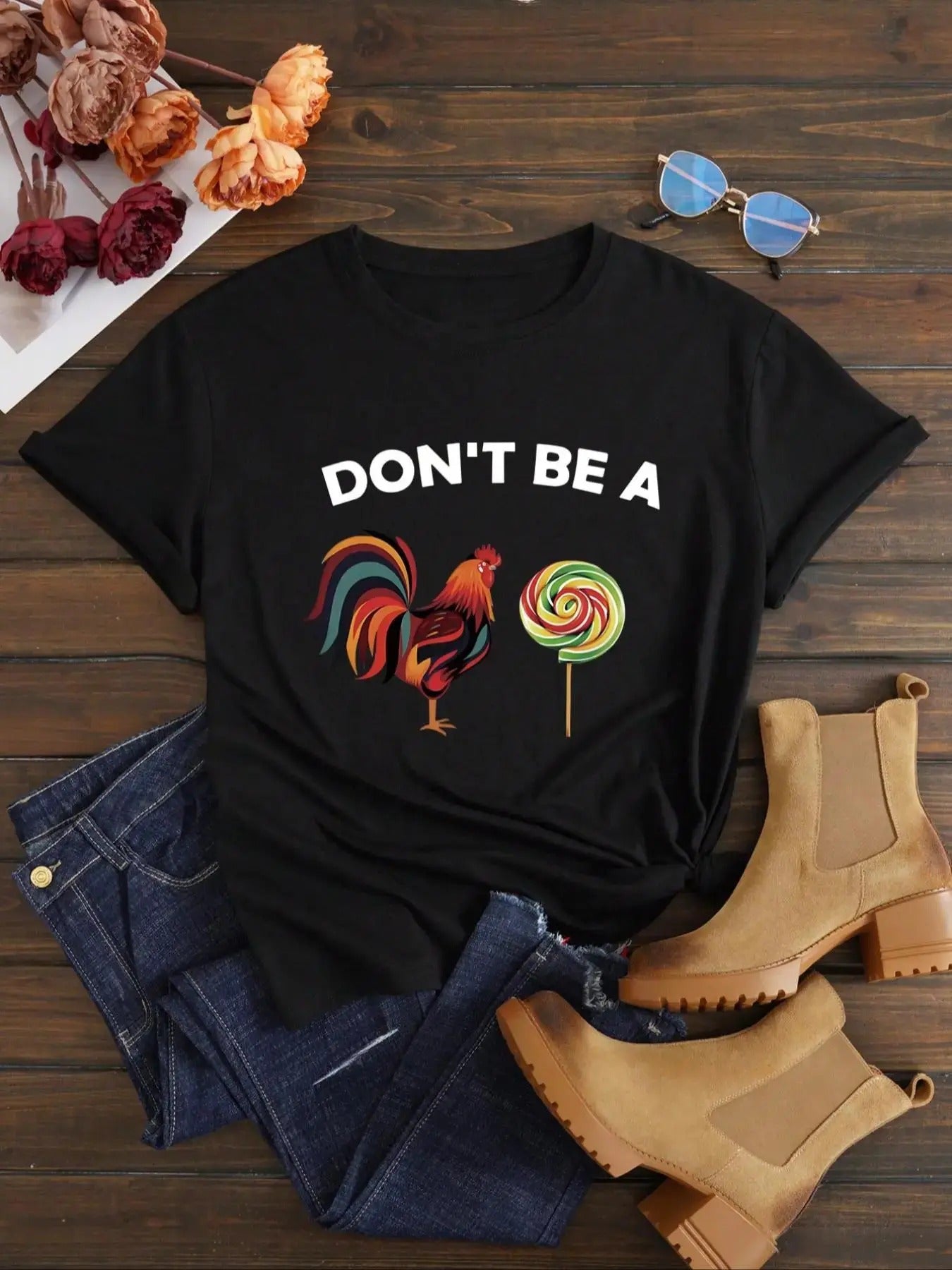 Women's Rooster & Letter Print Round Neck Tee, Trendy Casual Short Sleeve T-shirt for Daily Wear, Ladies All Seasons...