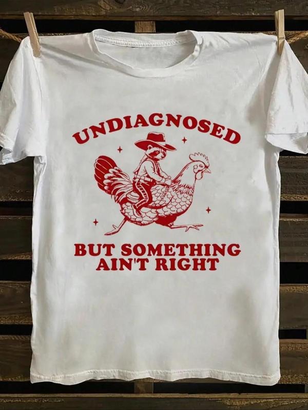 Women's Rooster & Letter Print Round Neck Tee, Vintage Trendy Casual Crew Neck T-shirt for Daily Wear, Ladies Summer...