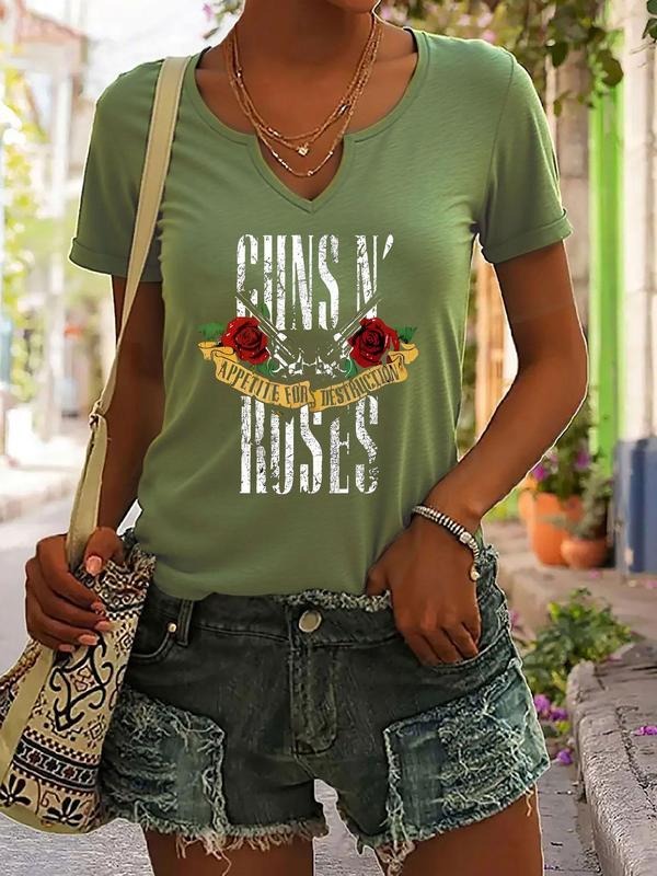 Women's Rose & Guns Print V Neck Tee, Casual Short Sleeve T-shirt for Summer, Ladies Clothes for Daily Wear, Top Hoodie,...