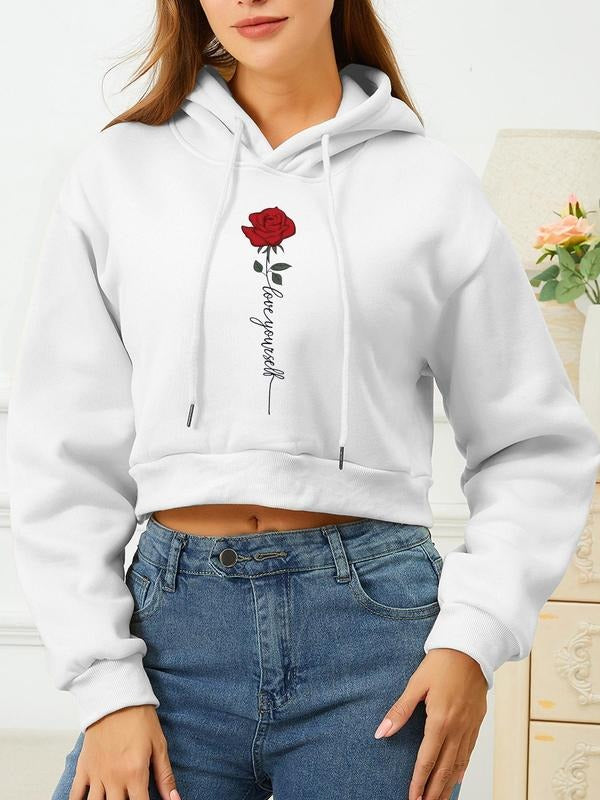 Women's Rose & Letter Print Drop Shoulder Crop Hoodie, Fashion Casual Drawstring Hooded Sweatshirt for Daily Holiday...