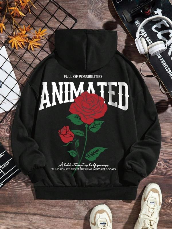 Women's Rose & Letter Print Drop Shoulder Hoodie, Fashion Casual Drawstring Pocket Hooded Sweatshirt for Daily Holiday...