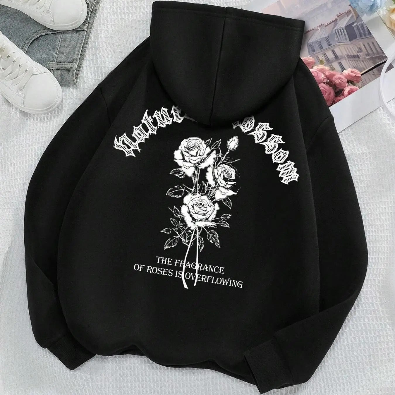Women's Rose & Letter Print Drop Shoulder Hoodie, Fashion Casual Pocket Hooded Sweatshirt for Daily Holiday Outdoor Wear,...