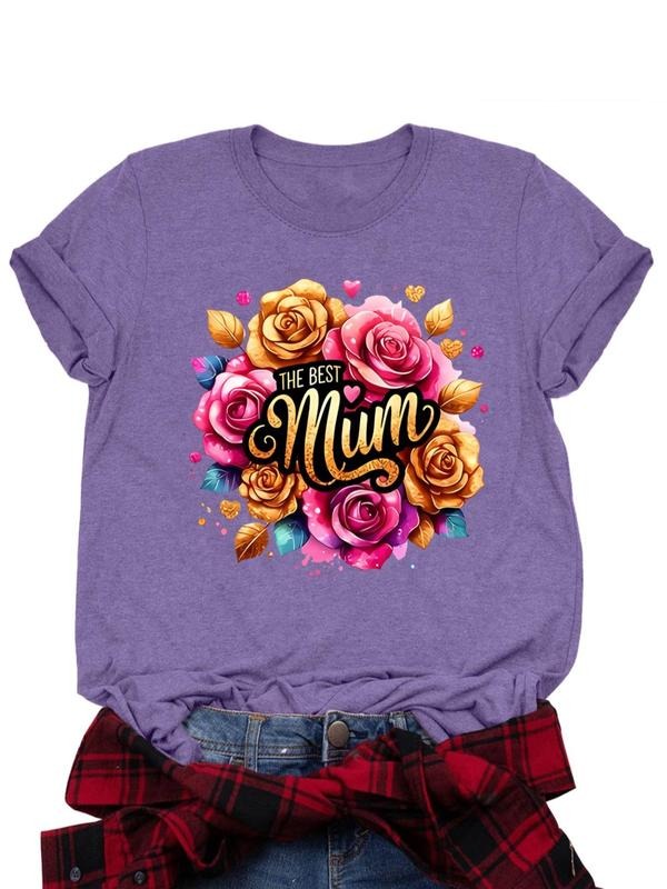 Women's Rose & Letter Print Round Neck Tee, Casual Short Sleeve Crew Neck T-shirt for Daily Wear, Ladies Clothes for All...