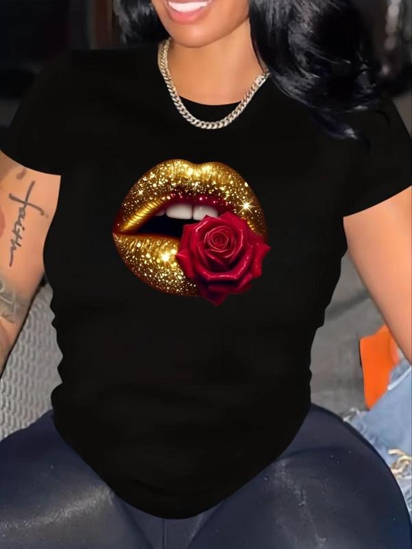 Women's Rose & Lip Print Glitter Short Sleeve Tee, Casual Round Neck T-shirt for Summer, Fashion Women's Top for Daily...