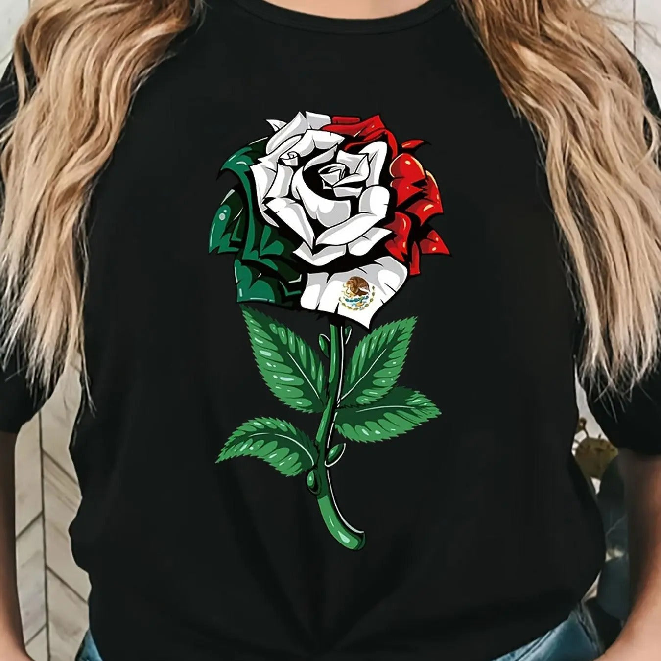 Women's Rose & Mexican Flag Print Round Neck Tee, Casual Short Sleeve Crew Neck T-Shirt for Summer, Fashion Women's Top...
