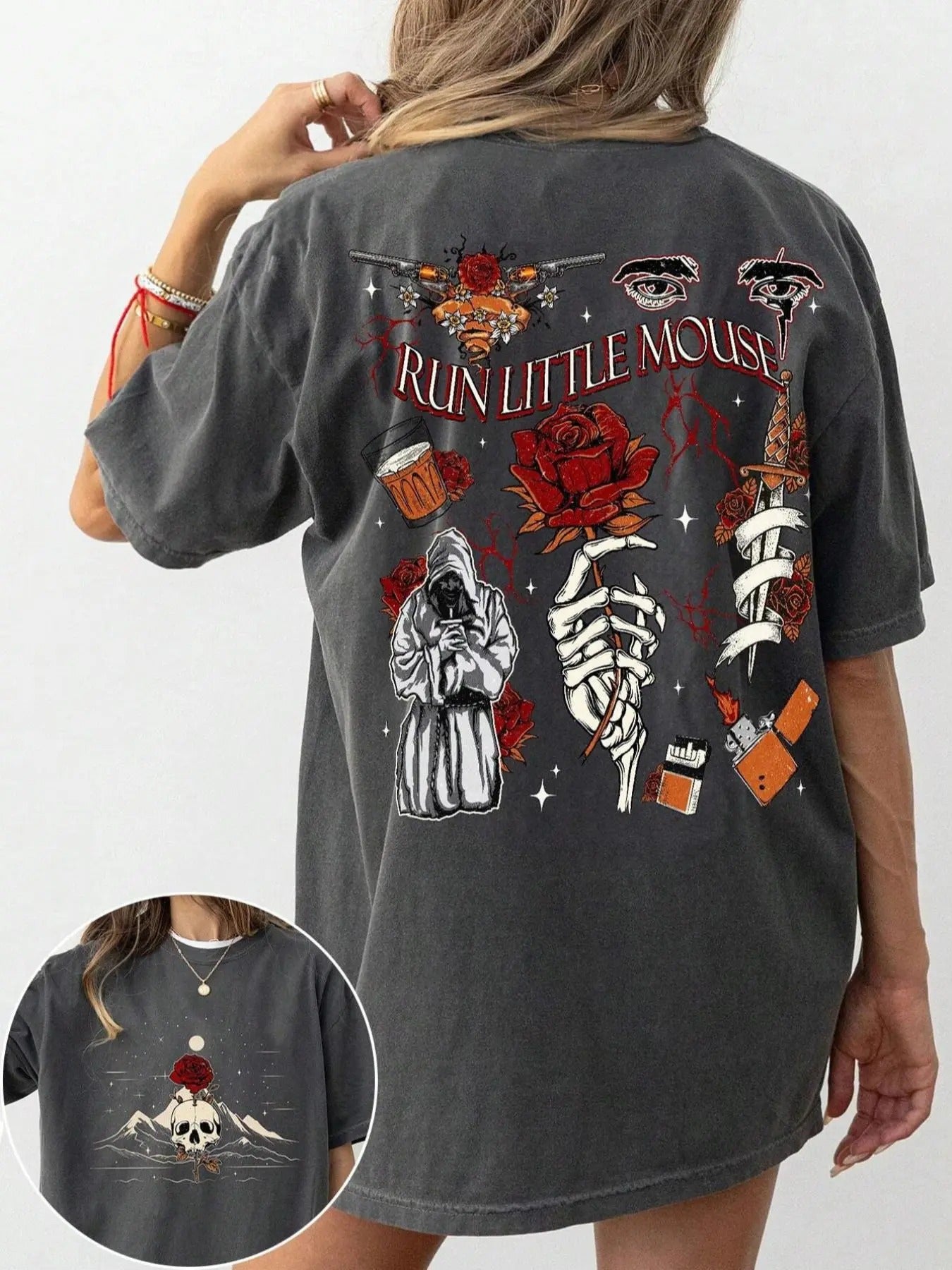 Women's Rose & Skeleton Print Round Neck Tee, Halloween Vintage Trendy Casual Short Sleeve T-shirt for Daily Wear, Ladies...