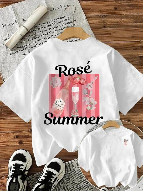 Women's Rose & Wine Glass Print Round Neck Tee, Casual Short Sleeve Crew Neck T-shirt for Summer, Fashion Women's Top for...