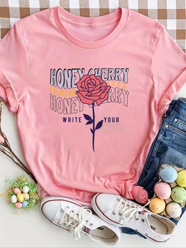 Women's Rose Letter Print Round Neck Graphic Tee, Vintage Trendy Casual Short Sleeve T-shirt for Daily Wear, Ladies...