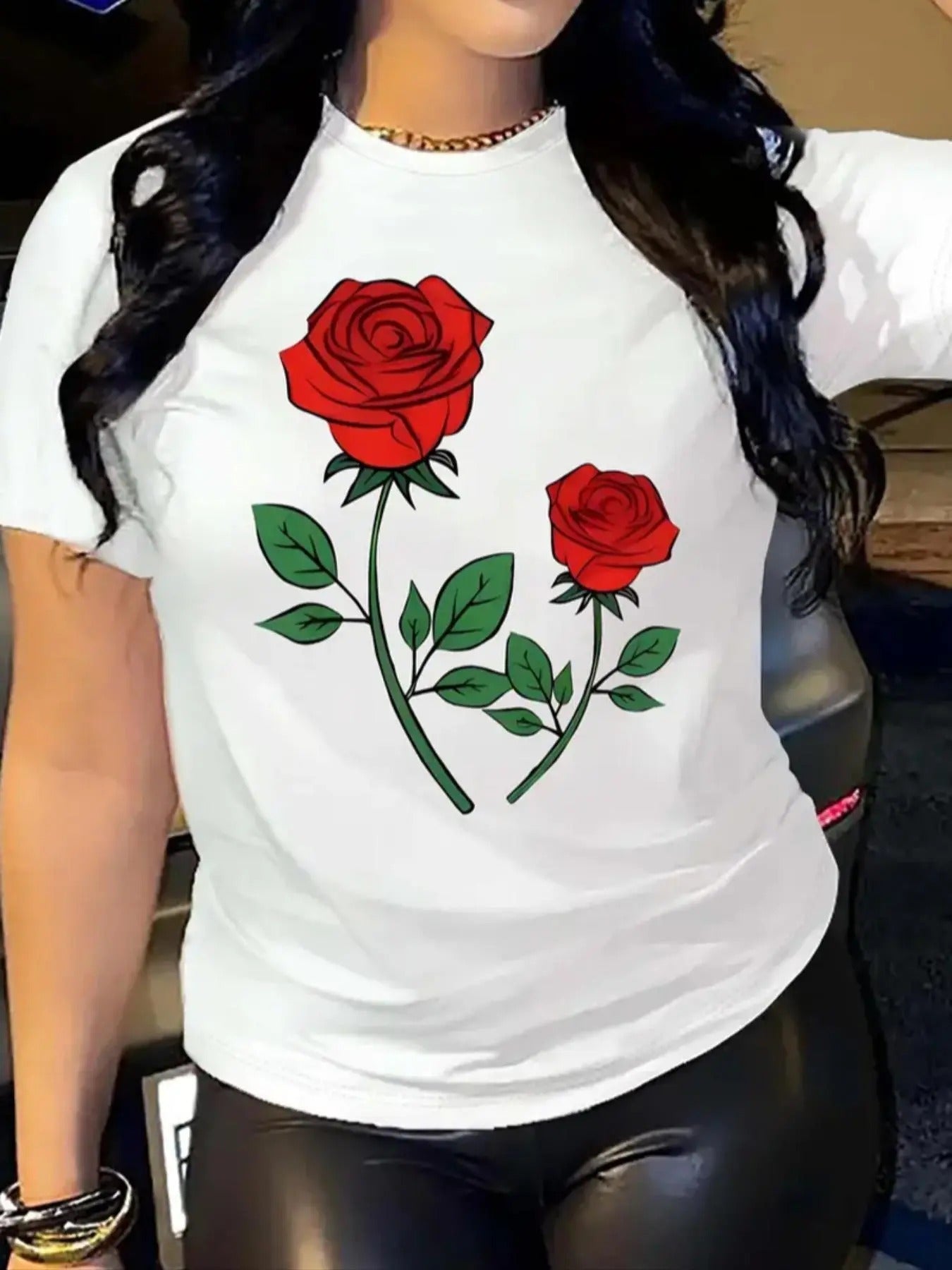Women's Rose Print Round Neck Tee, Casual Short Sleeve Crew Neck T-Shirt for Summer, Fashion Women's Top for Daily Wear...