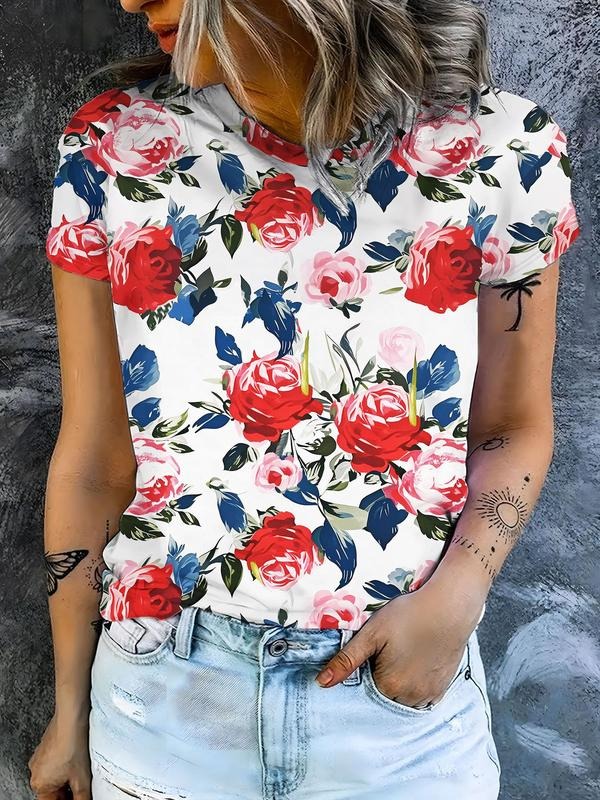 Women's Rose Print Round Neck Tee, Casual Short Sleeve Crew Neck T-shirt for Daily Wear, Ladies Clothes for All Seasons,...